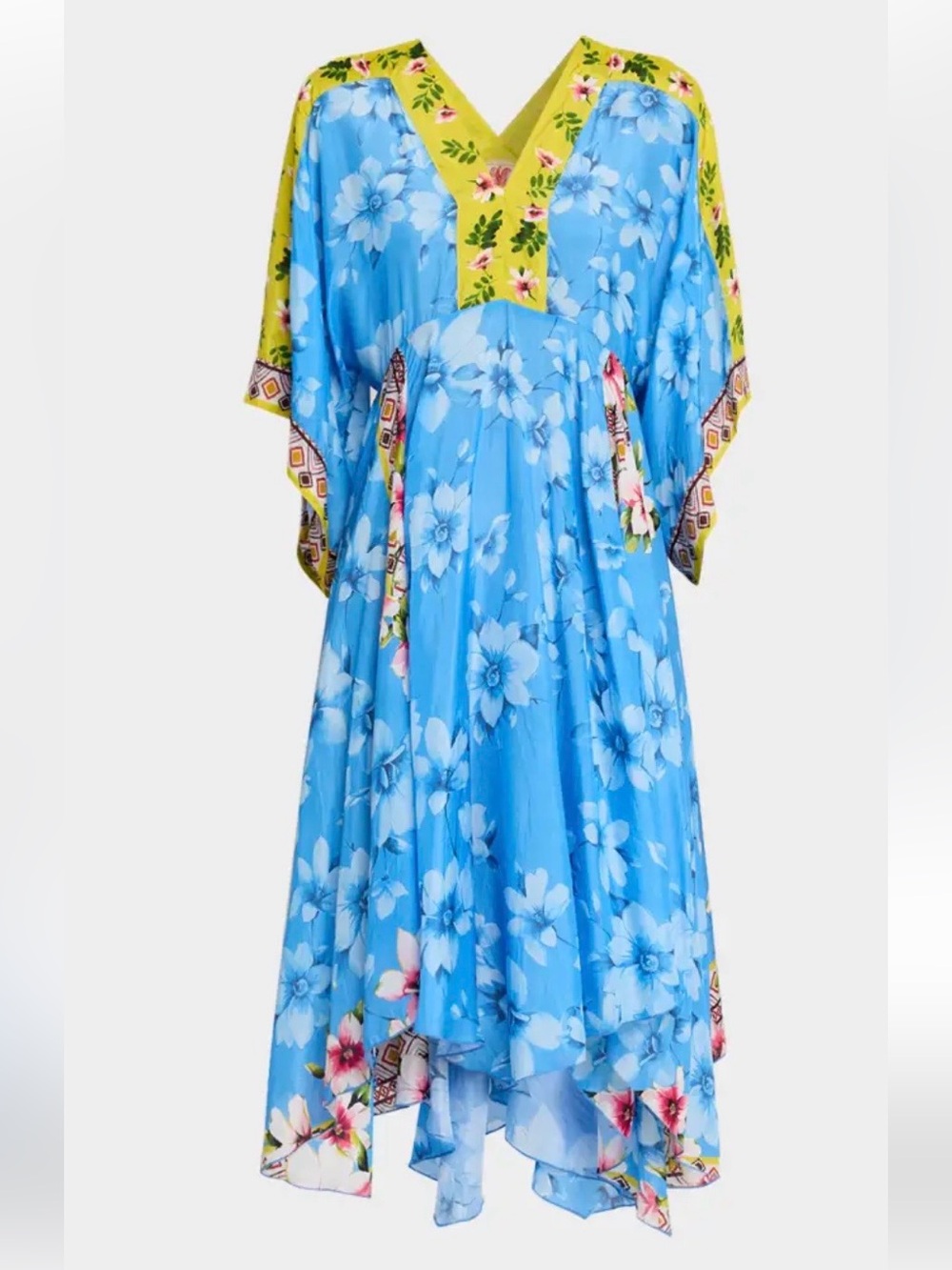 Johnny Was NWT Silk Cyrene Midi Handkerchief Dress Small Blue Yellow & slip